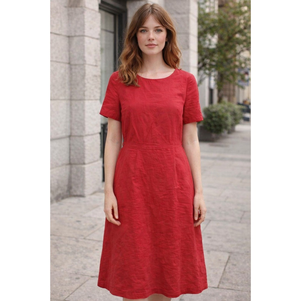 Talbots Irish Linen Dress Womens Sz 16 Short Sleeve Red Coastal Old Money Casual